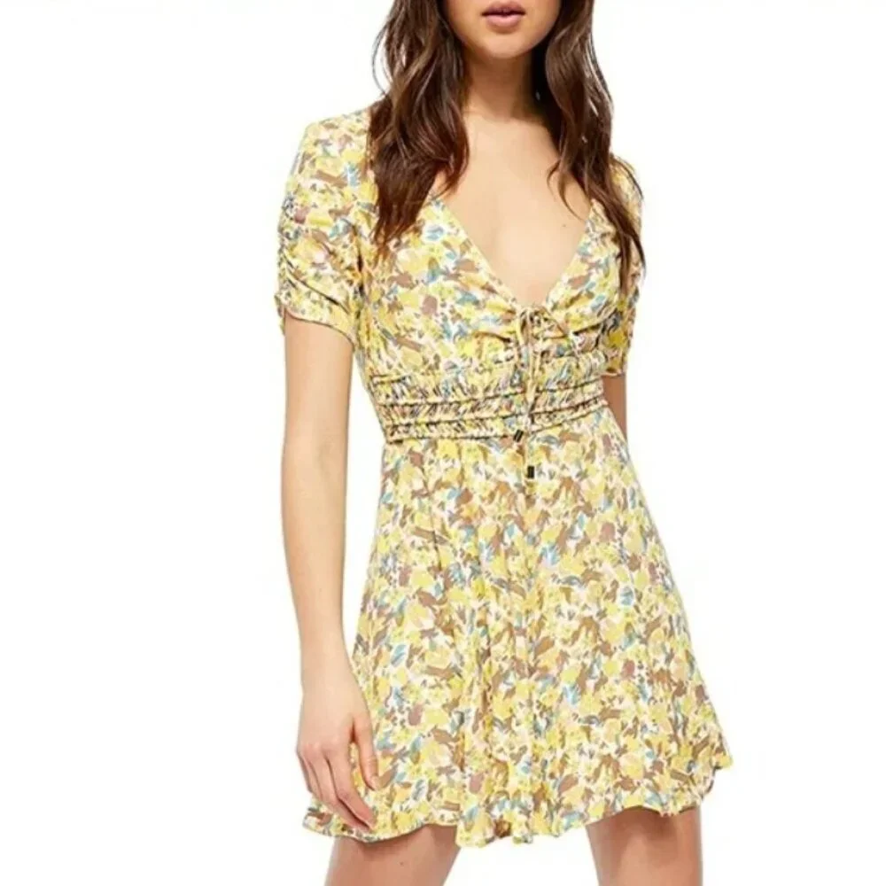 NWT FREE PEOPLE Forget Me Not Mini Dress size 0 XS LILY YELLOW BLUE PINK FLORAL - Picture 2 of 11